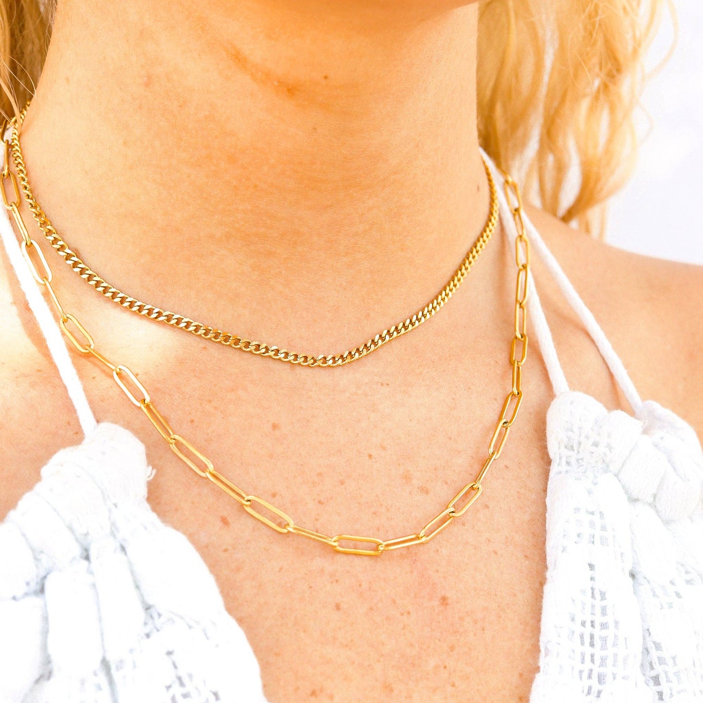 18K Gold Stainless Steel Curb and Paperclip Layered Chain Necklace