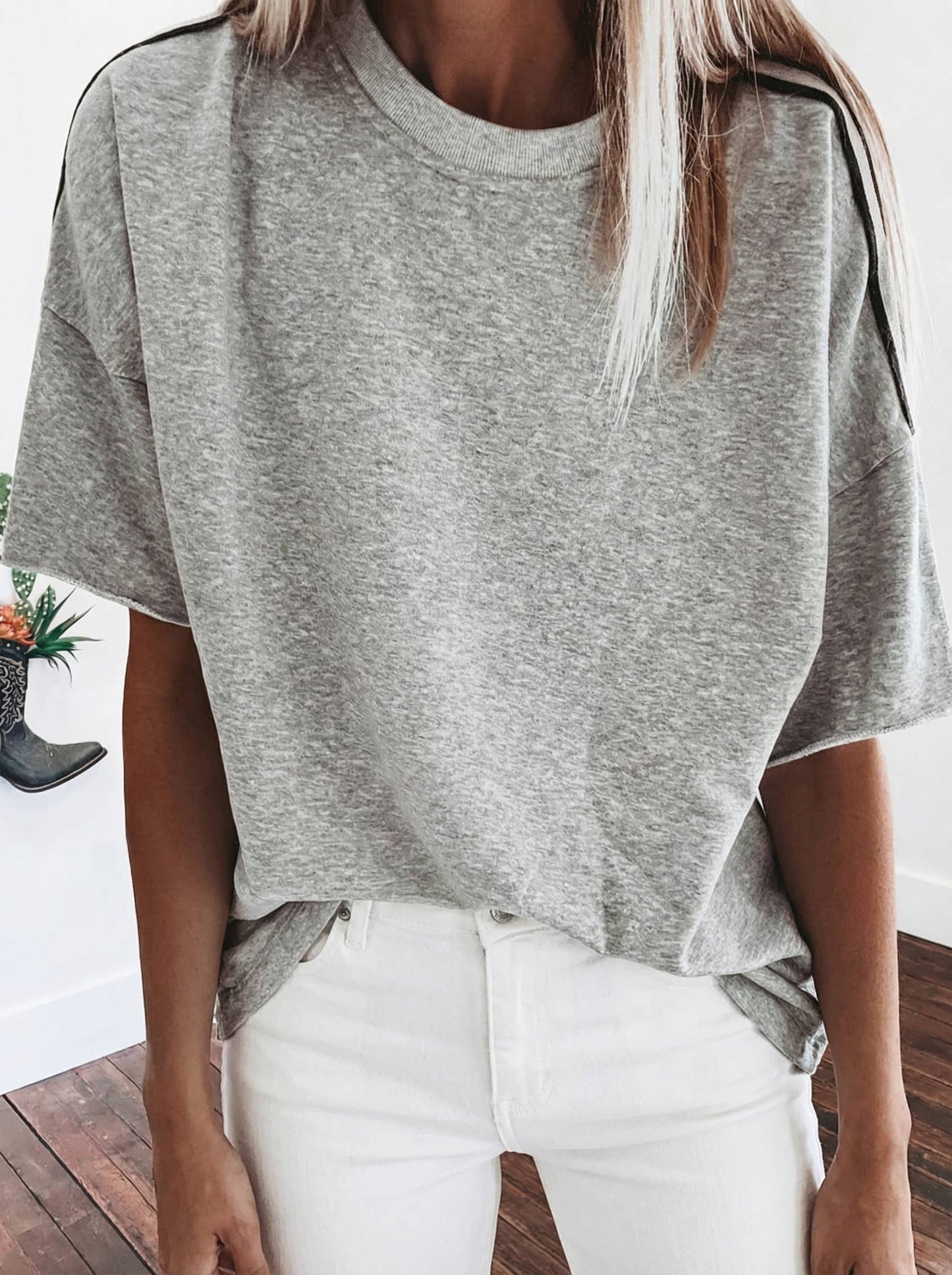 Striped Shoulder Raw Edge Oversized Tee