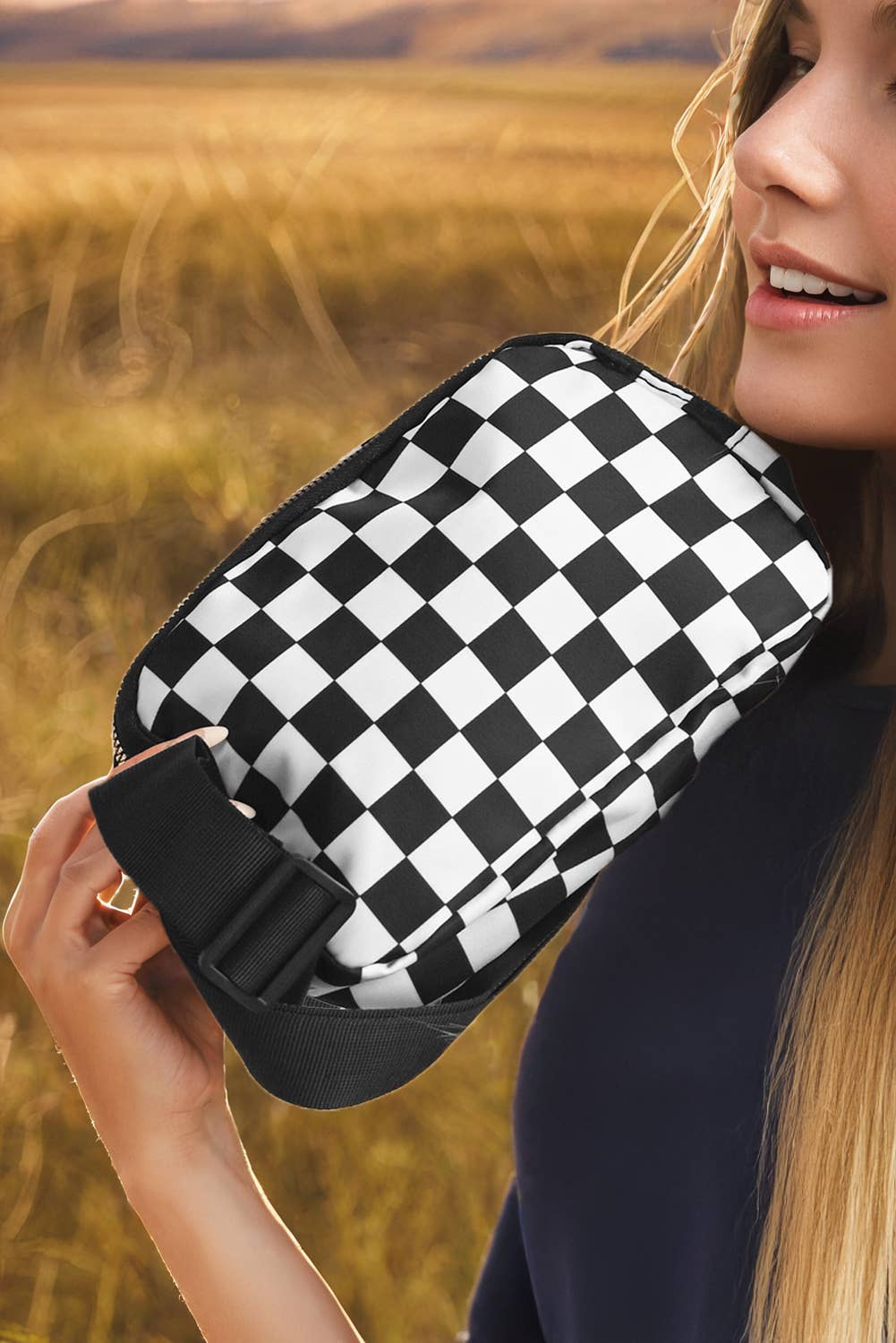Checkered Buckle Wide Belt Crossbody Bag
