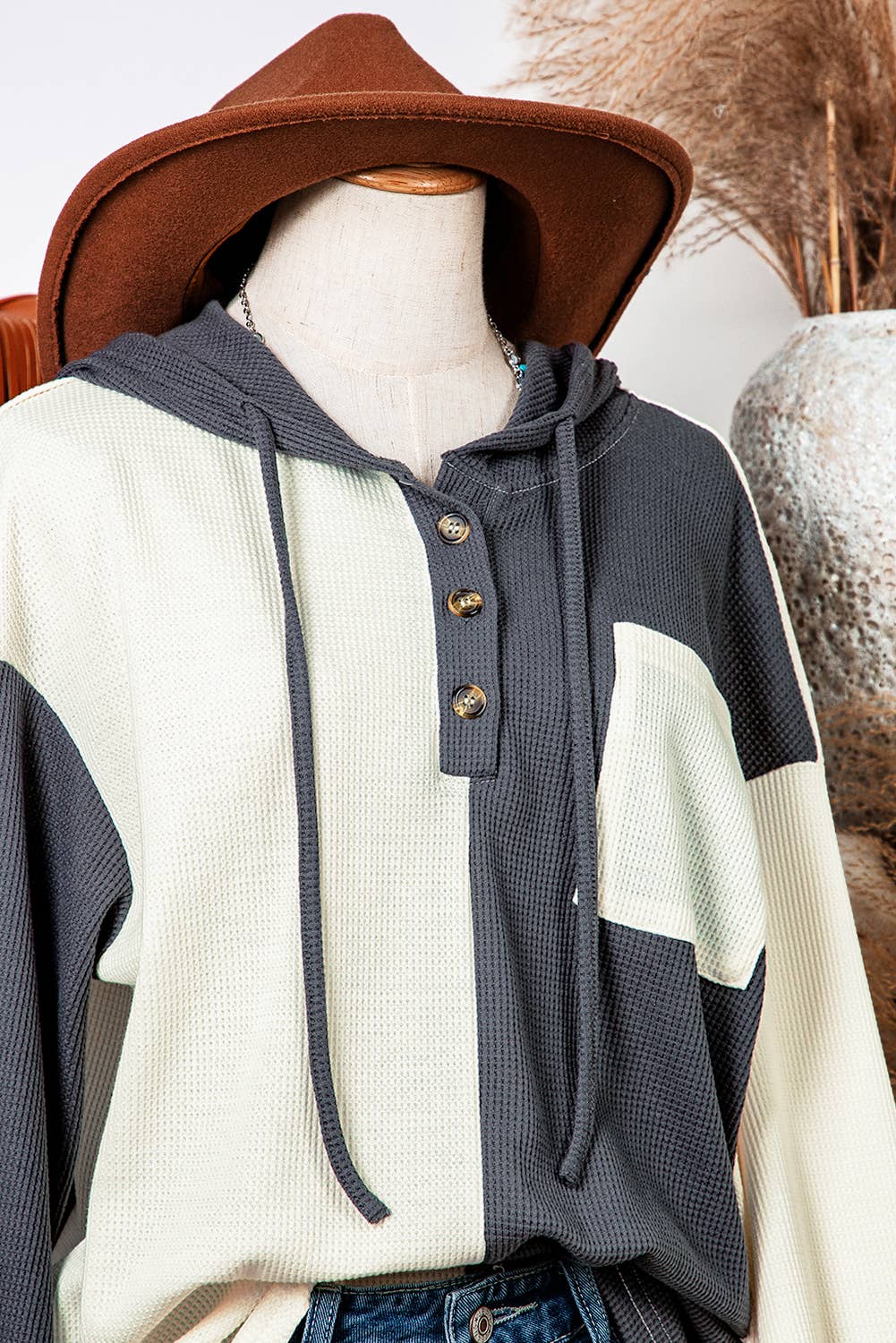 Waffle Colorblock Drawstring Hoodie