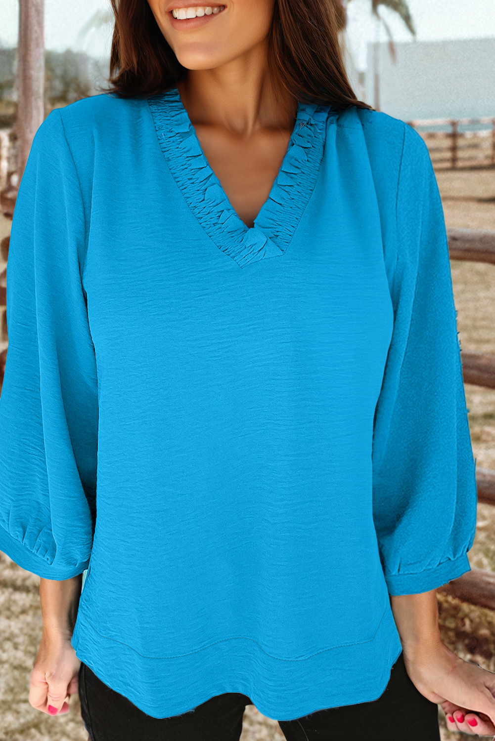 Blue Frilled Neckline Blouse