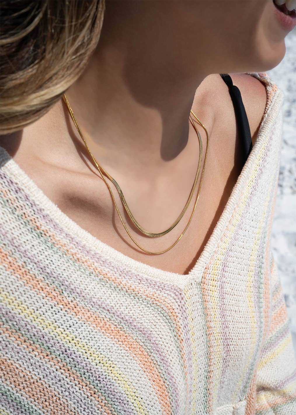 18K Gold Herringbone and Snake Layered Necklace