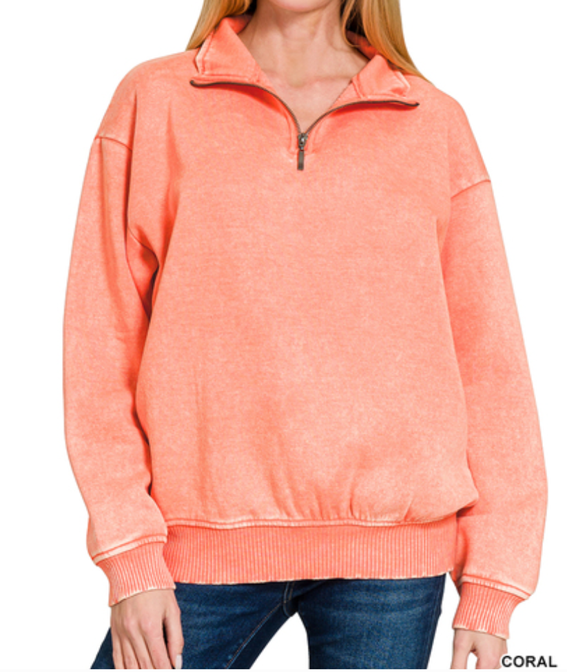 Acid wash fleece half zip pullover - CORAL