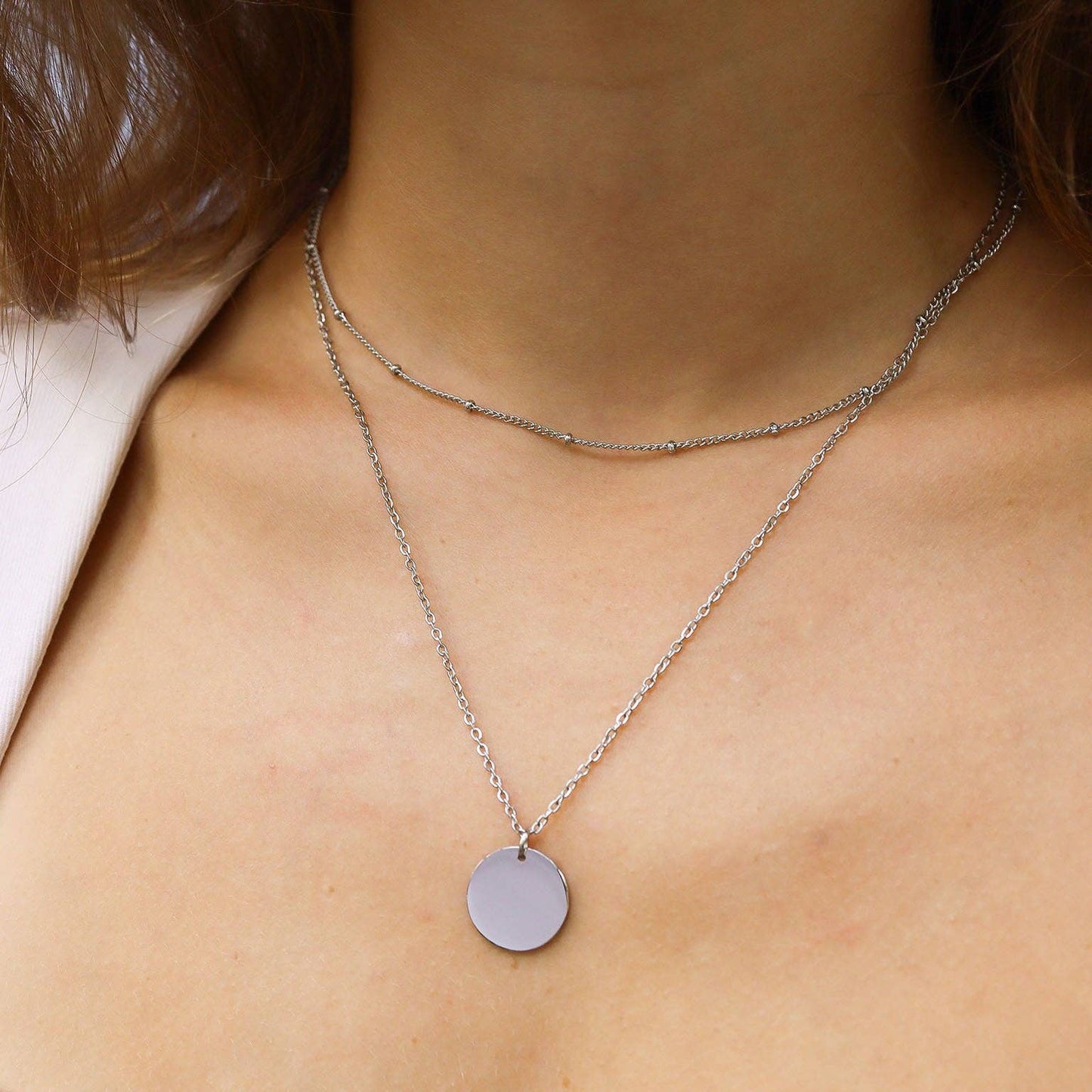 18K Gold PVD Stainless Steel Loop and Satellite Chain Blank Disk Layered Necklace