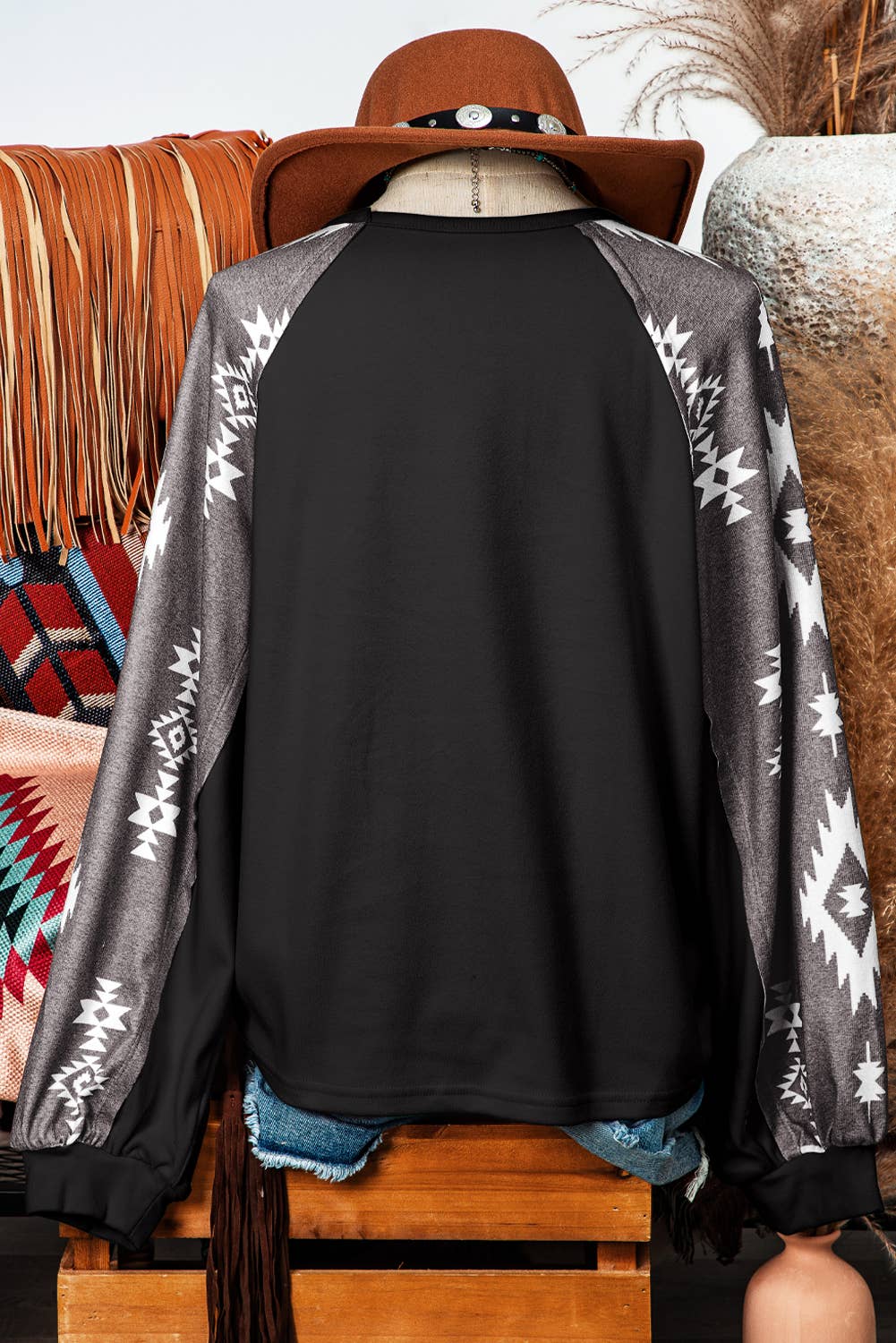 Western Aztec Patch Sleeve Top