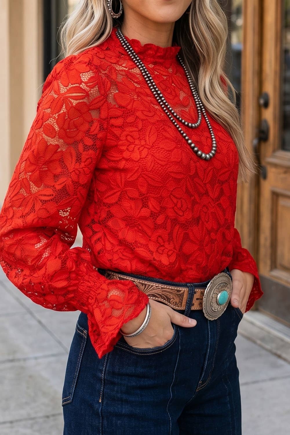 Ruffled Sleeve Sheer Lace Blouse