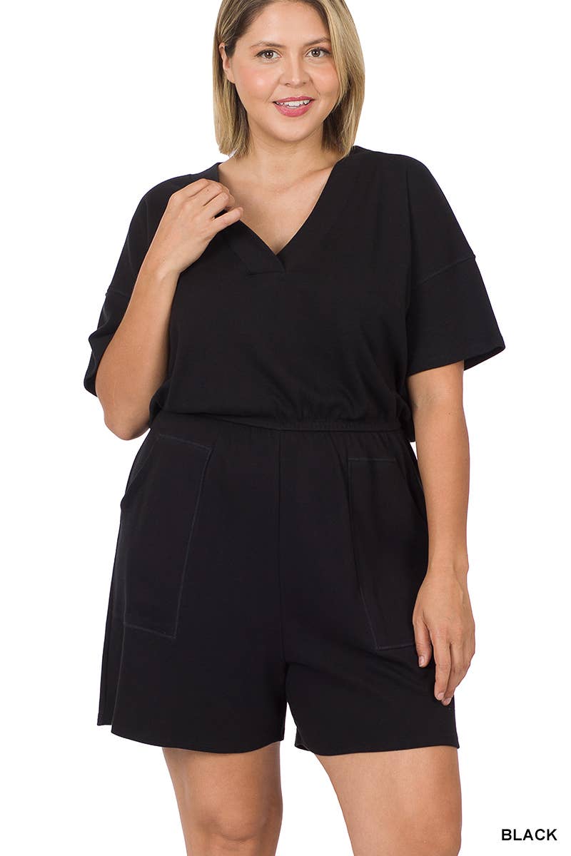 Zenana Plus Drop Shoulder V Neck Romper With Pockets