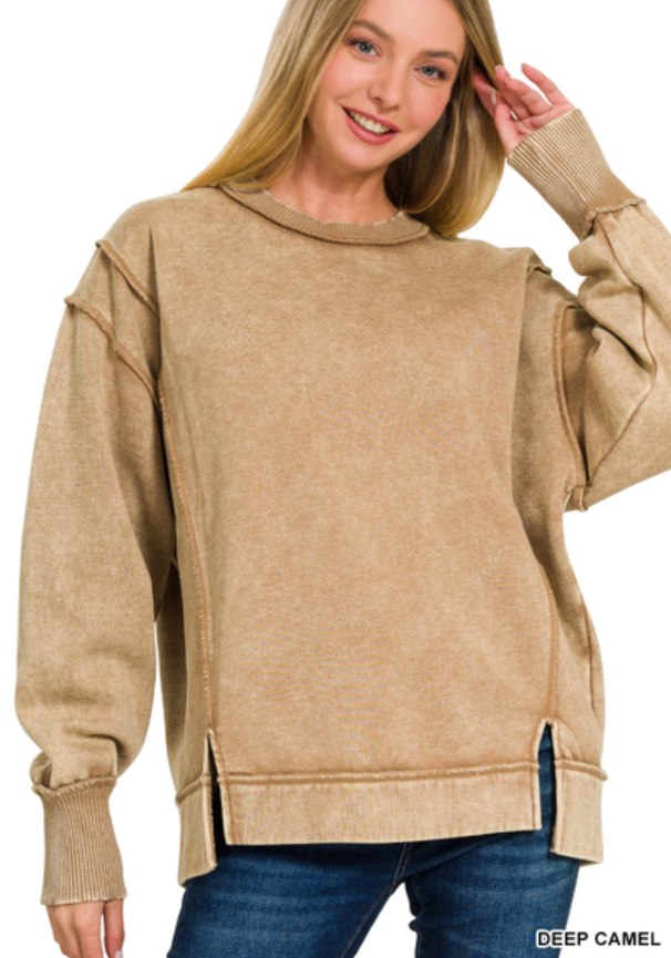 Acid wash exposed-seam fleece sweatshirt