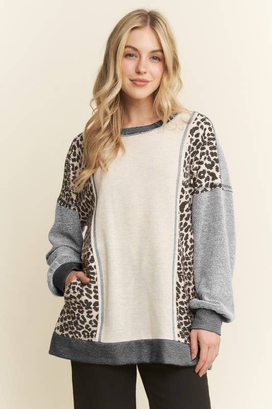 Color block animal print top