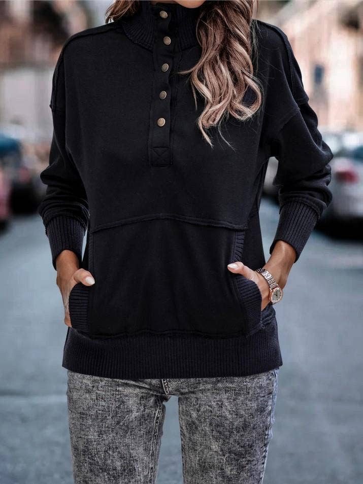 Exposed Seam Henley Snap Sweatshirt