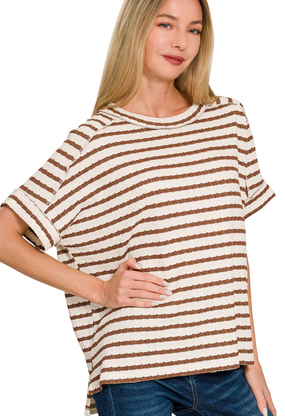 Stripe jacquard round-neck box tee