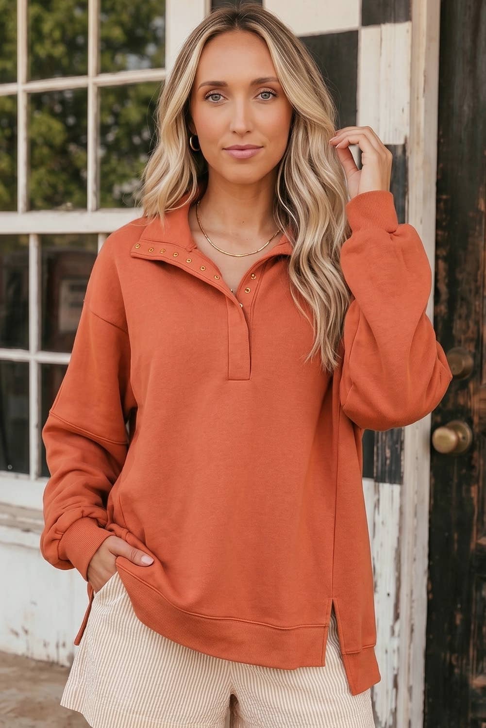 Cozy Fall Collared Raw Detail High Low Baggy Sweatshirt