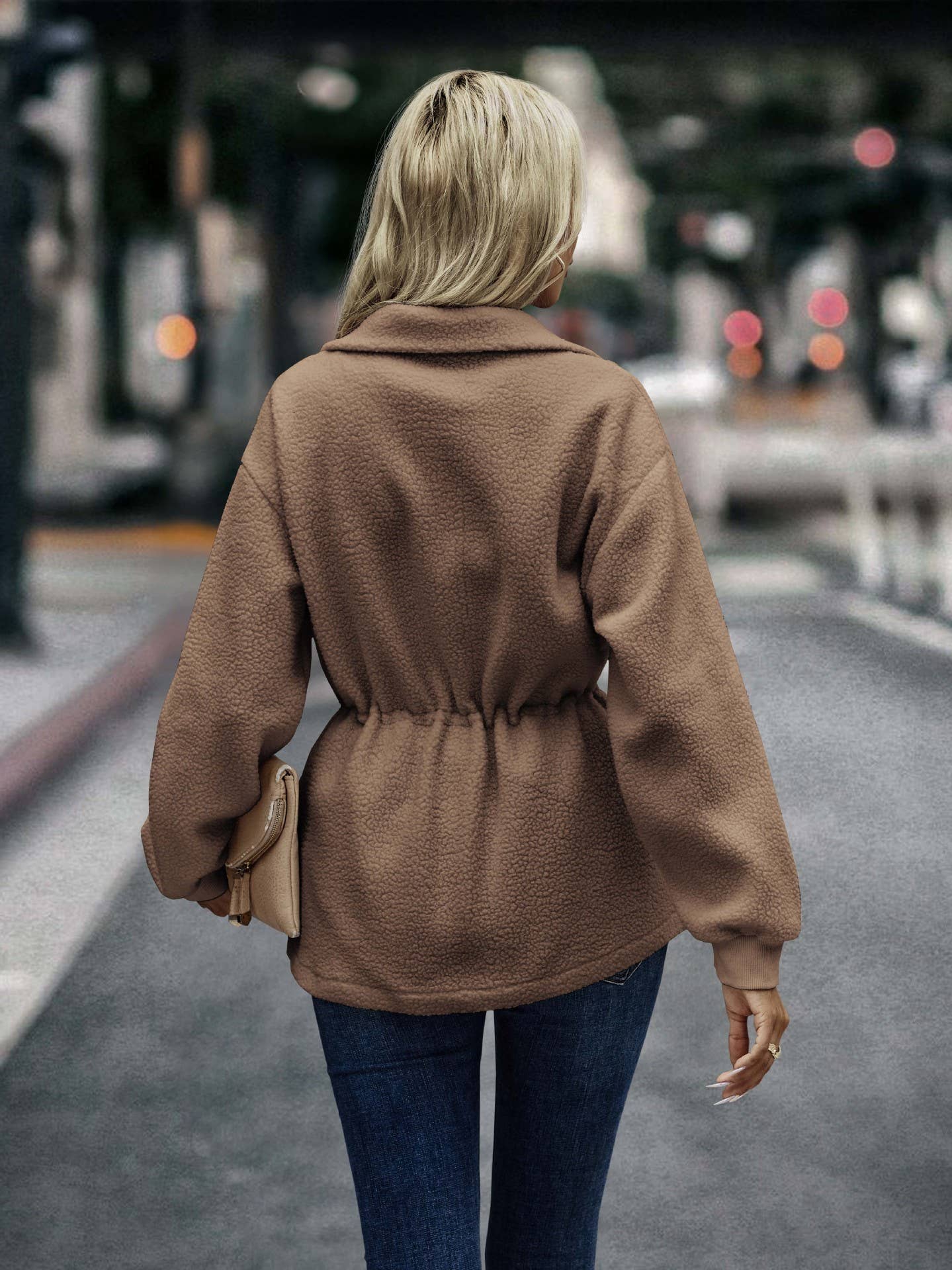 Fleece Cinched Waist Zip Up Jacket