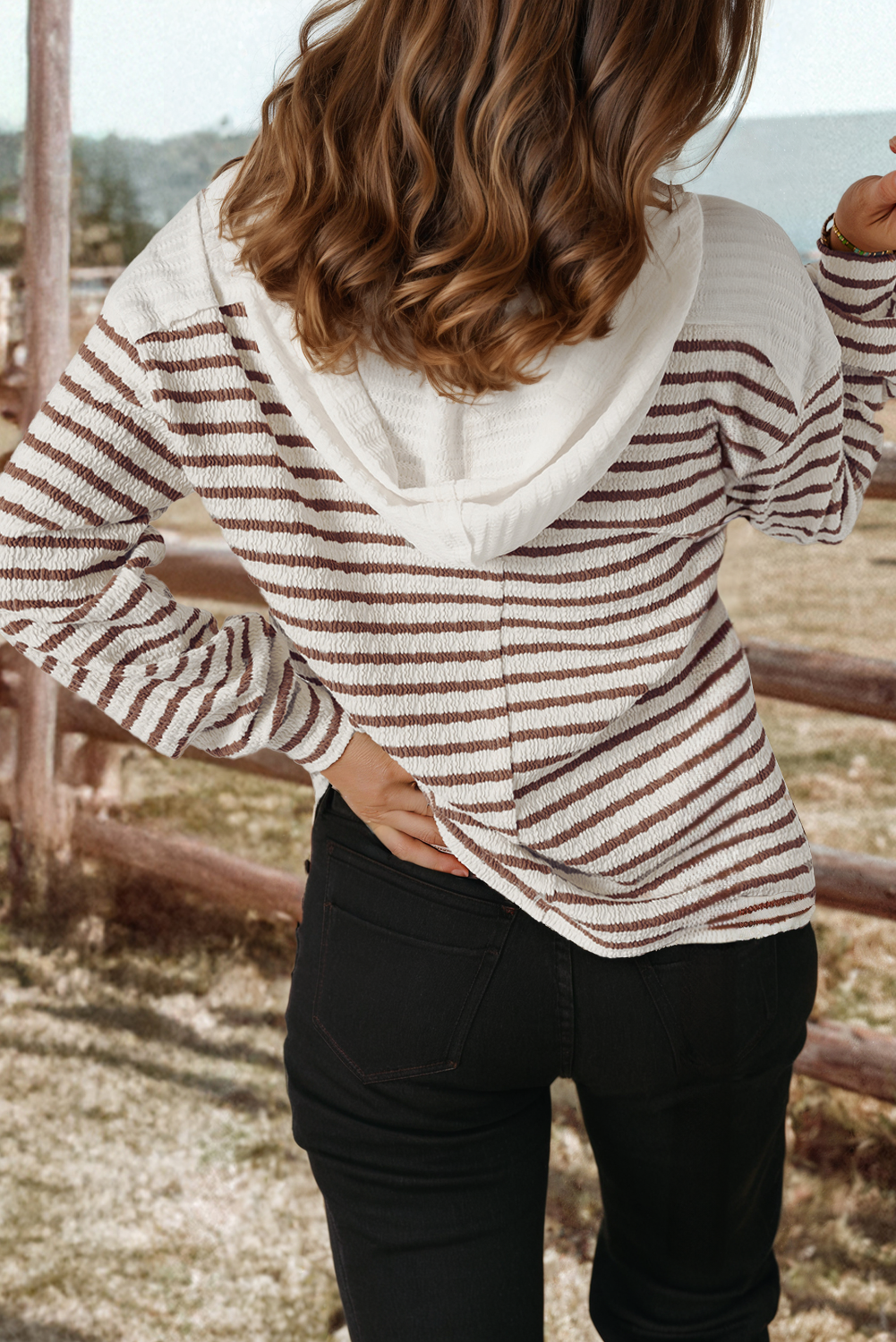 Brown Stripe Textured Hooded Top