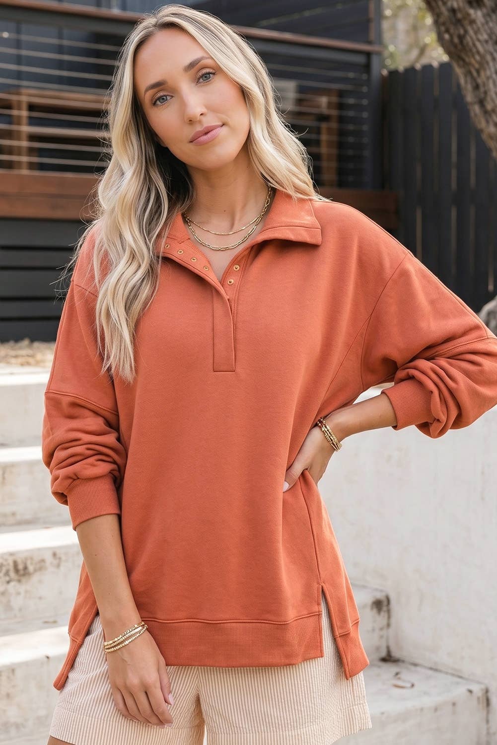 Cozy Fall Collared Raw Detail High Low Baggy Sweatshirt