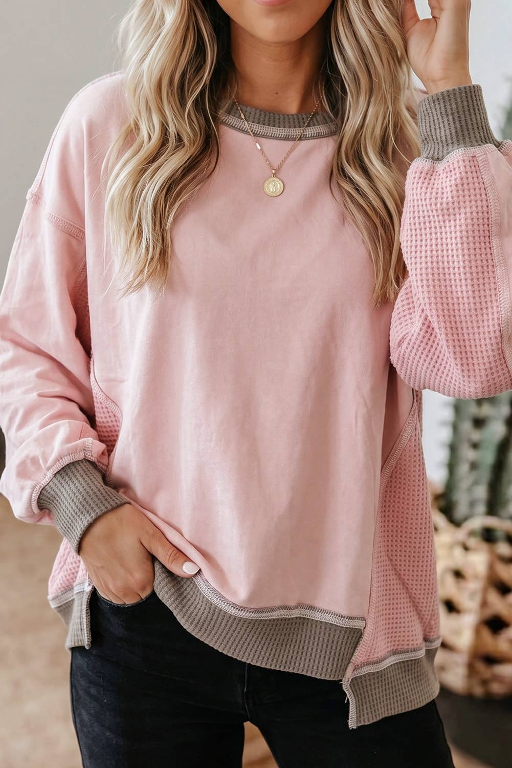 Colorblock Waffle Patched Sweatshirt