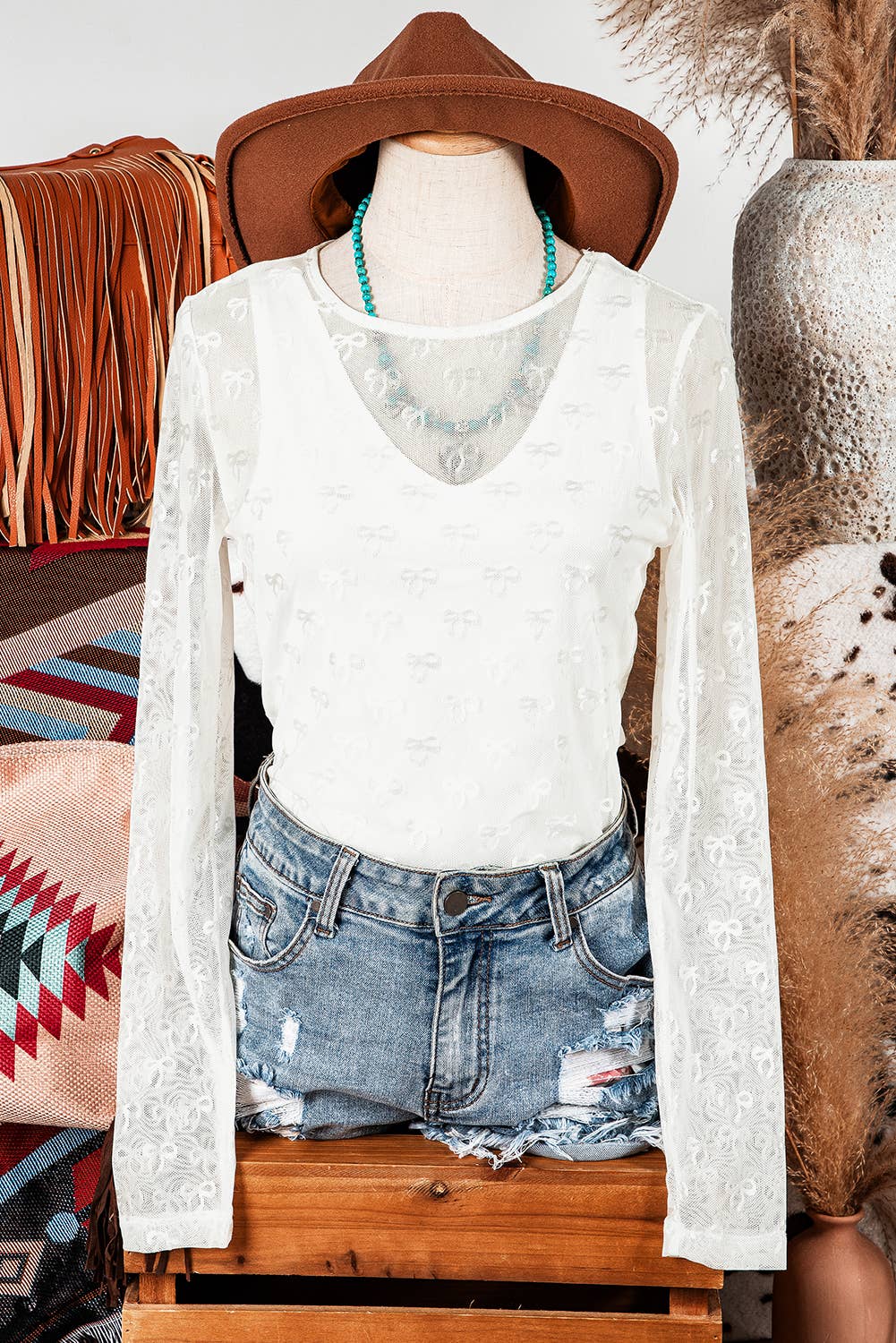 Mesh Bow Pattern Long Sleeve Top