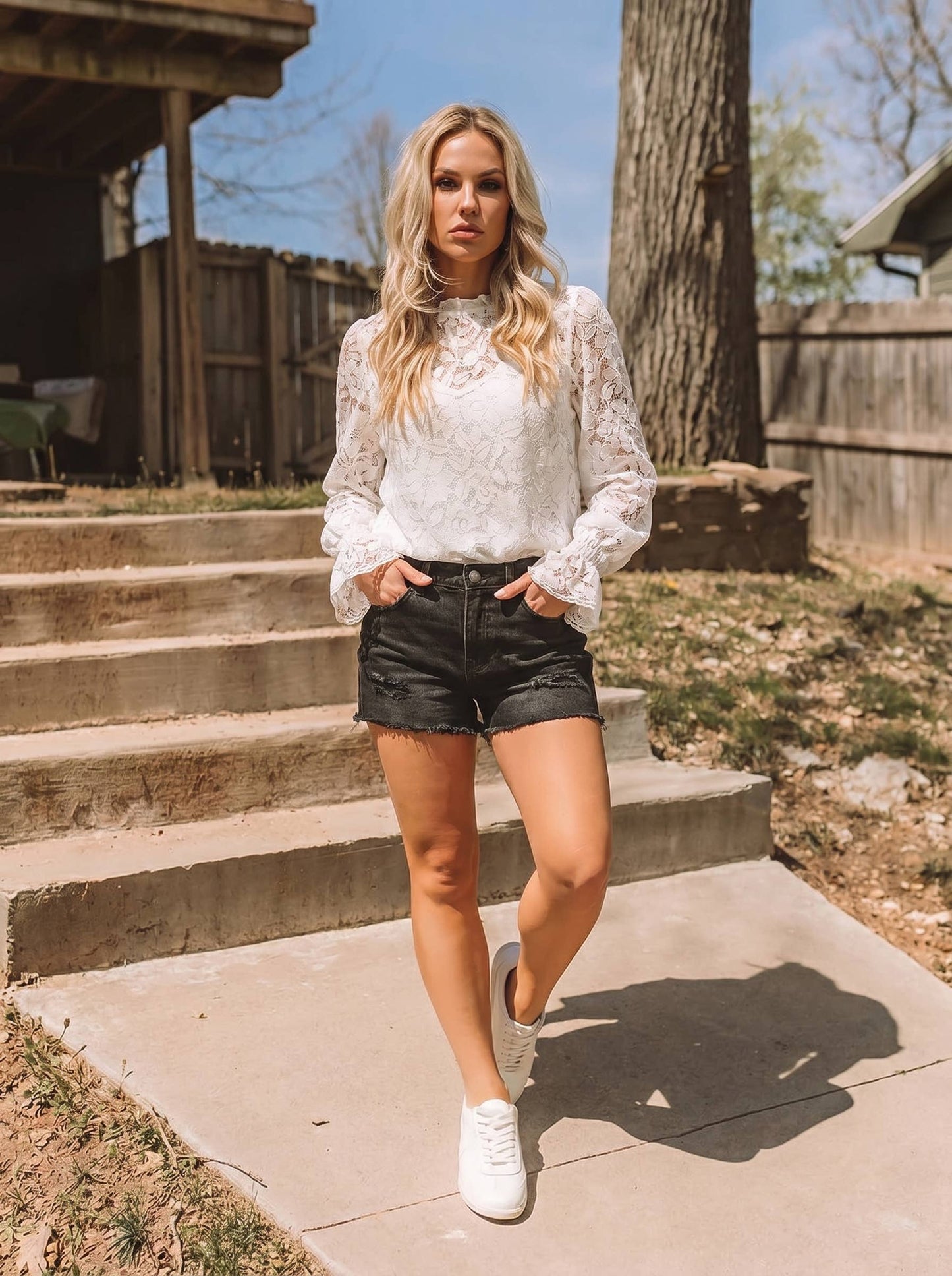 Ruffled Sleeve Sheer Lace Blouse
