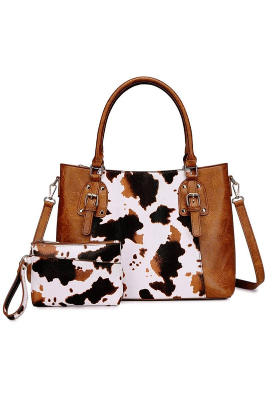 Cow print handbag with clutch