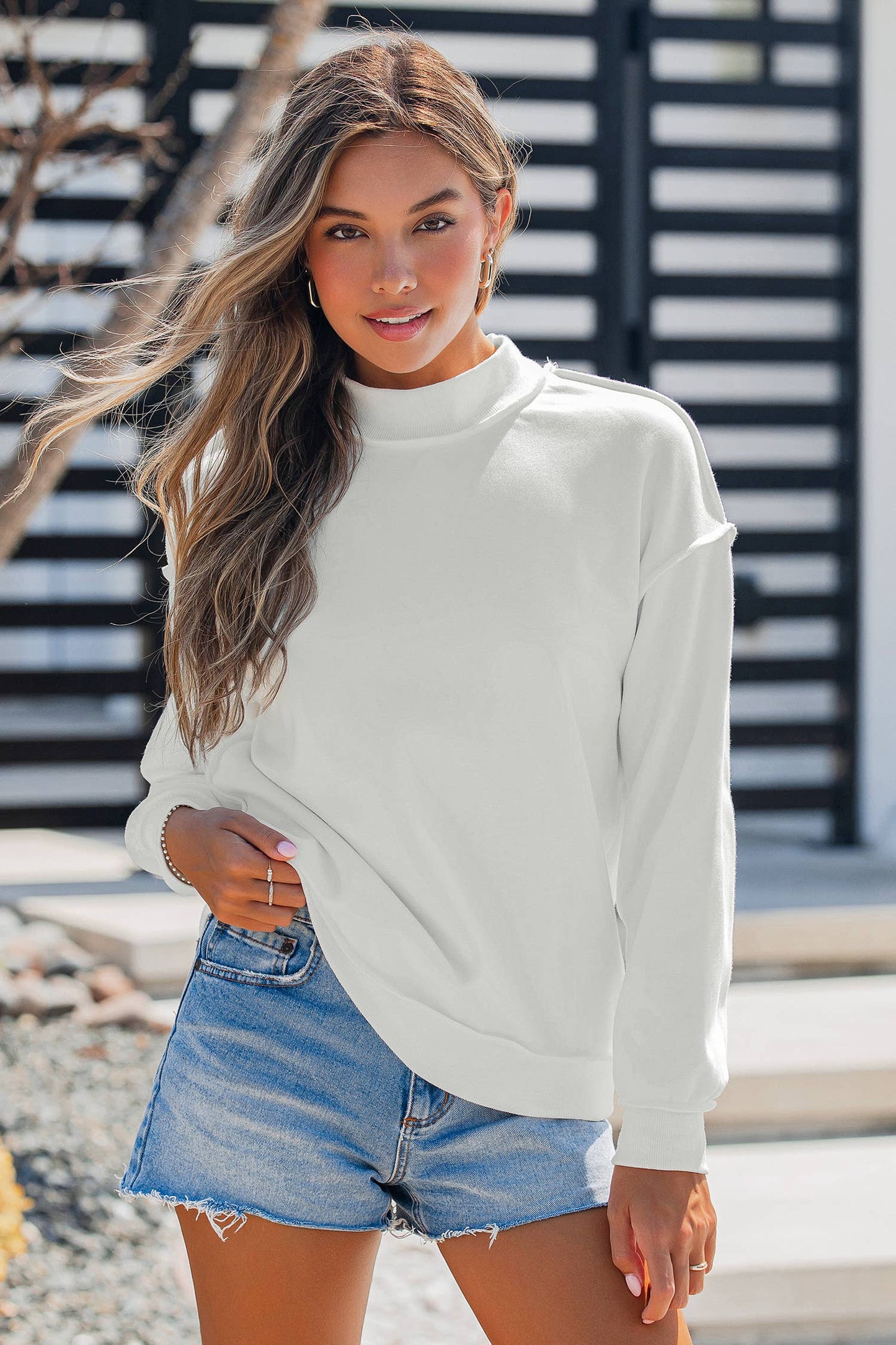 Oversize Drop Shoulder Reversible Mock Neck Sweatshirt S-4X