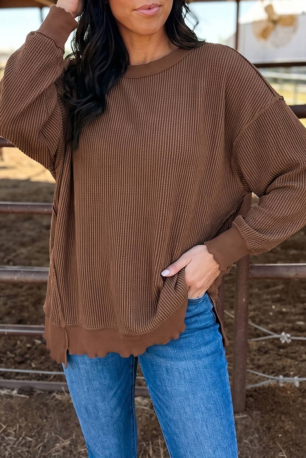 Twisted Ribbed Uneven Hem Top