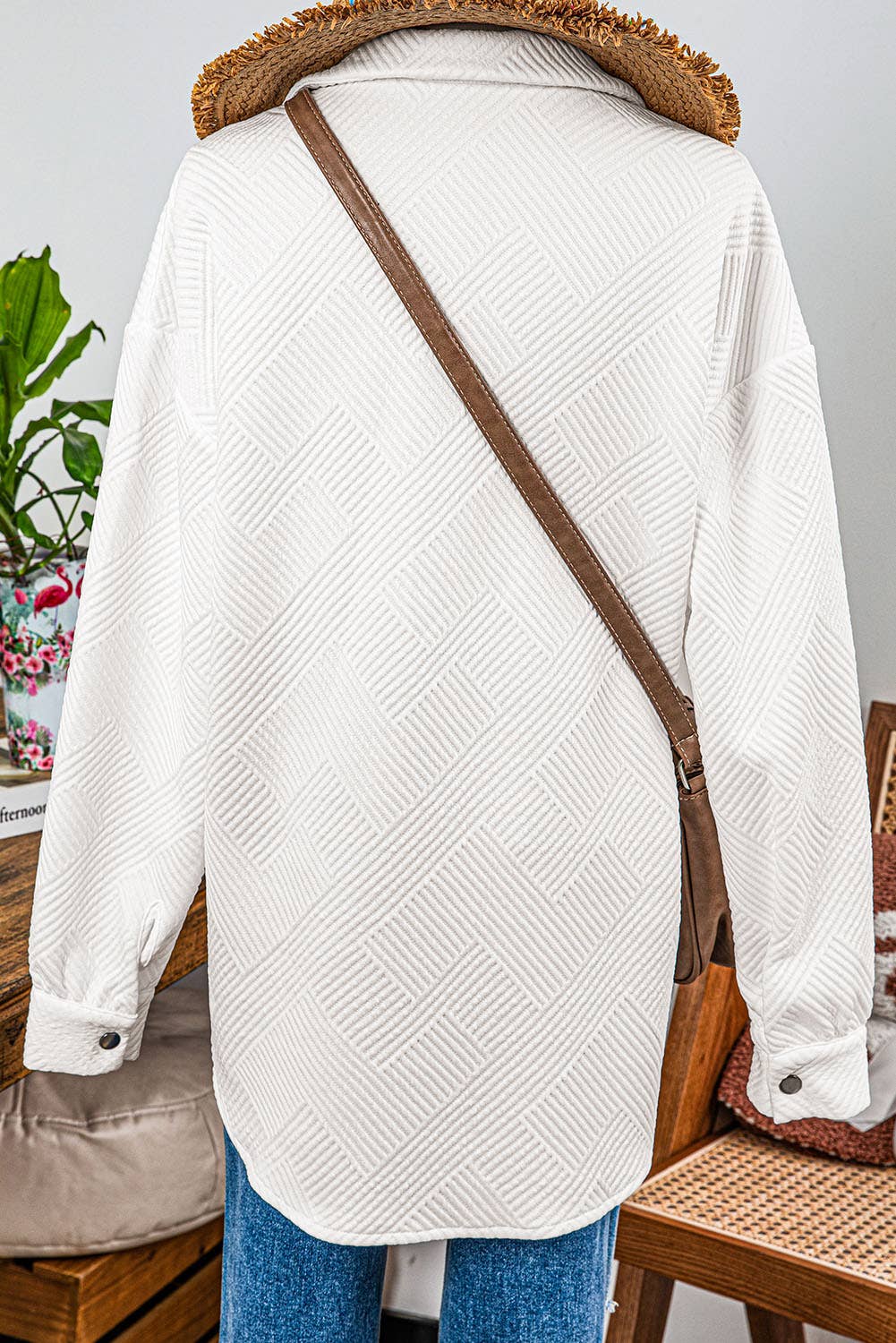 White Textured Snap Shacket