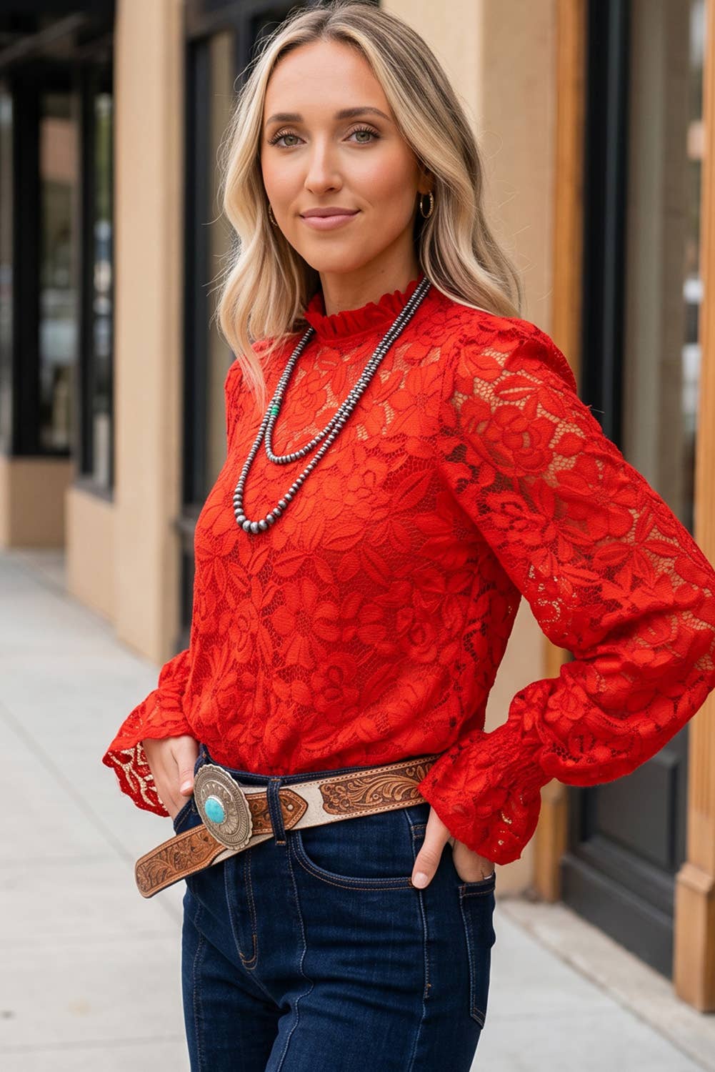 Ruffled Sleeve Sheer Lace Blouse