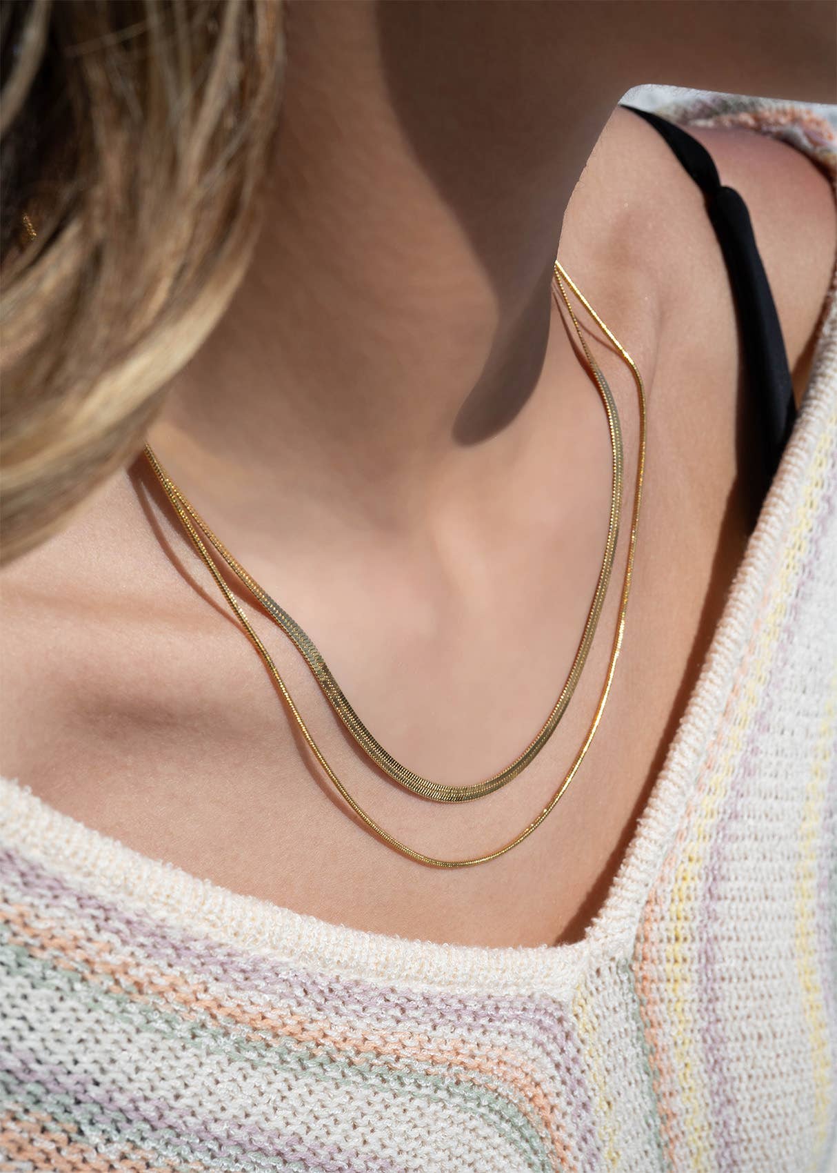 18K Gold Herringbone and Snake Layered Necklace
