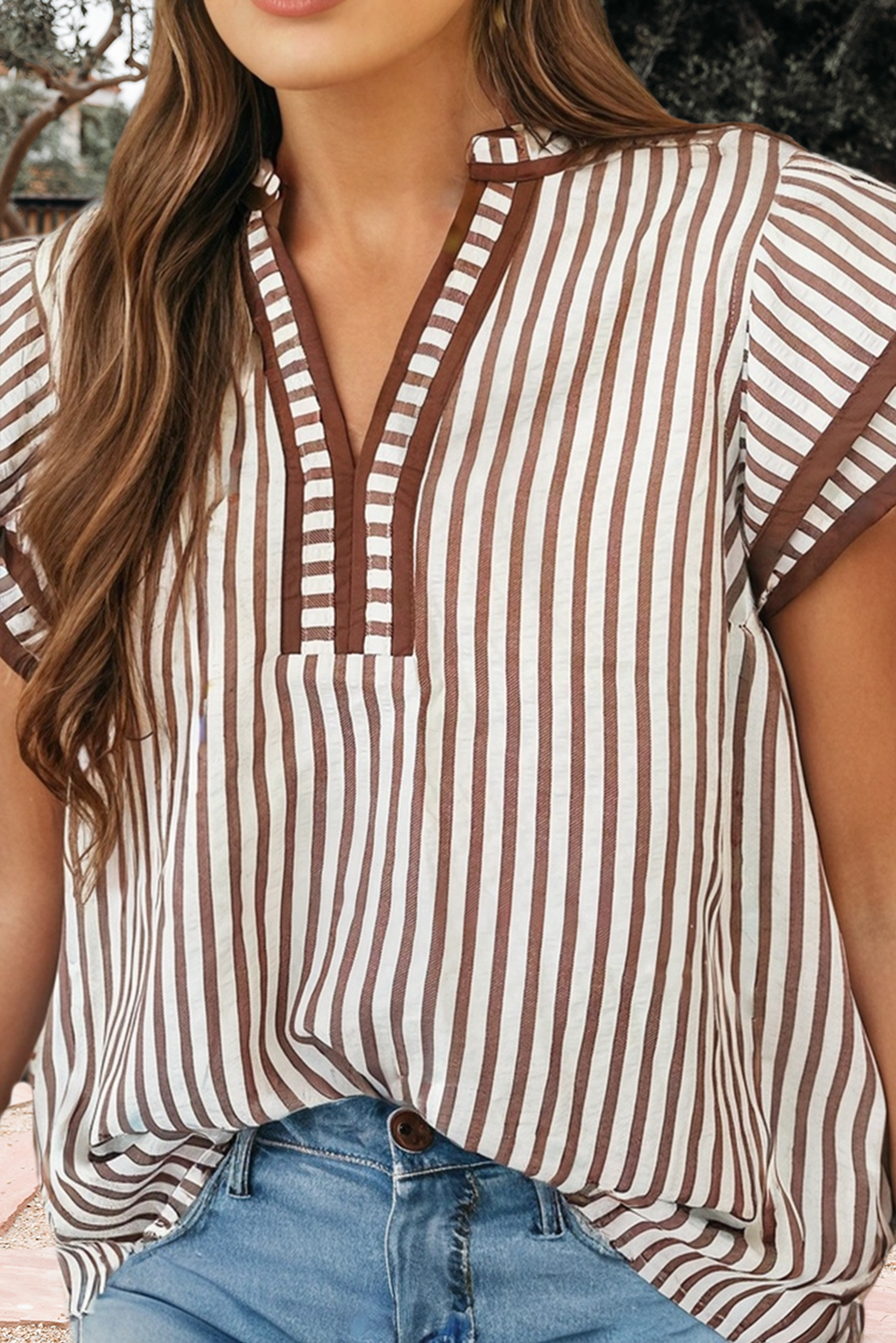 Brown Stripe Ruffled Short Sleeve