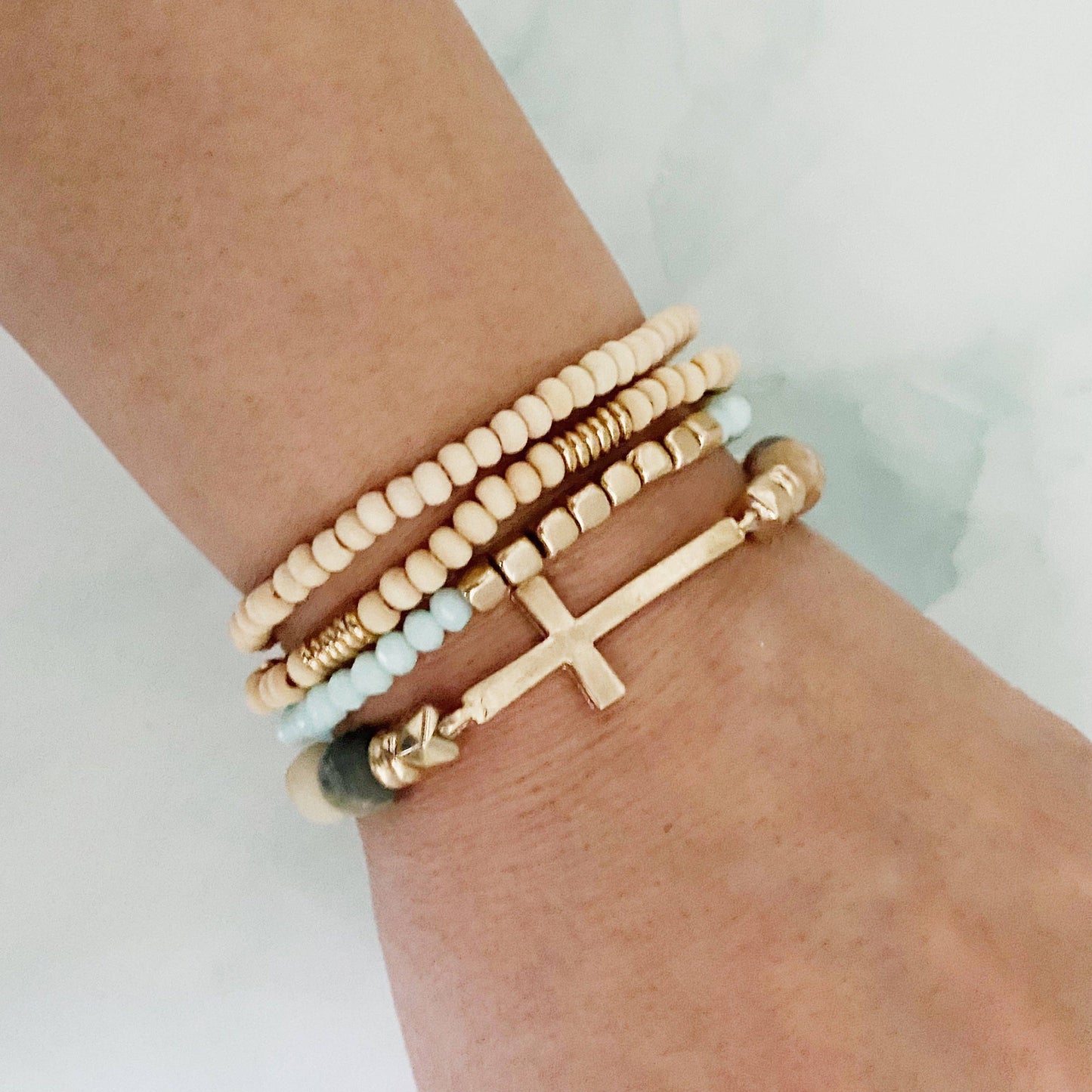 Cross Stone And Wooden Beads Bracelet