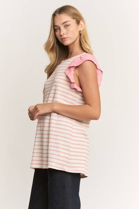 Striped ruffle sleeve top mauve