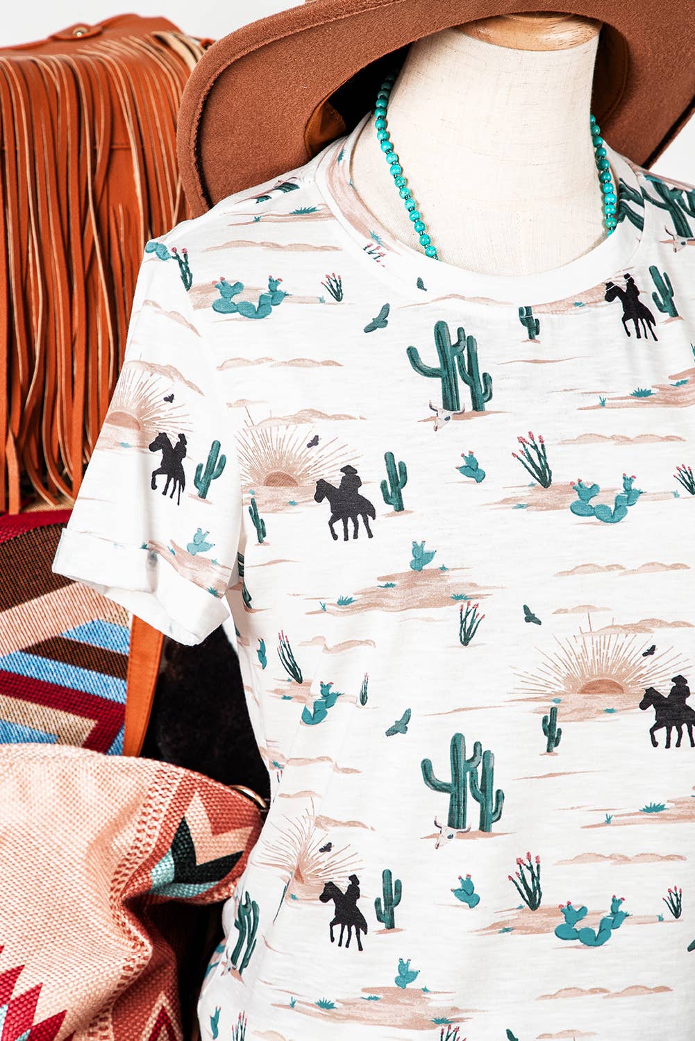 Western Cactus Print Short Sleeve Top