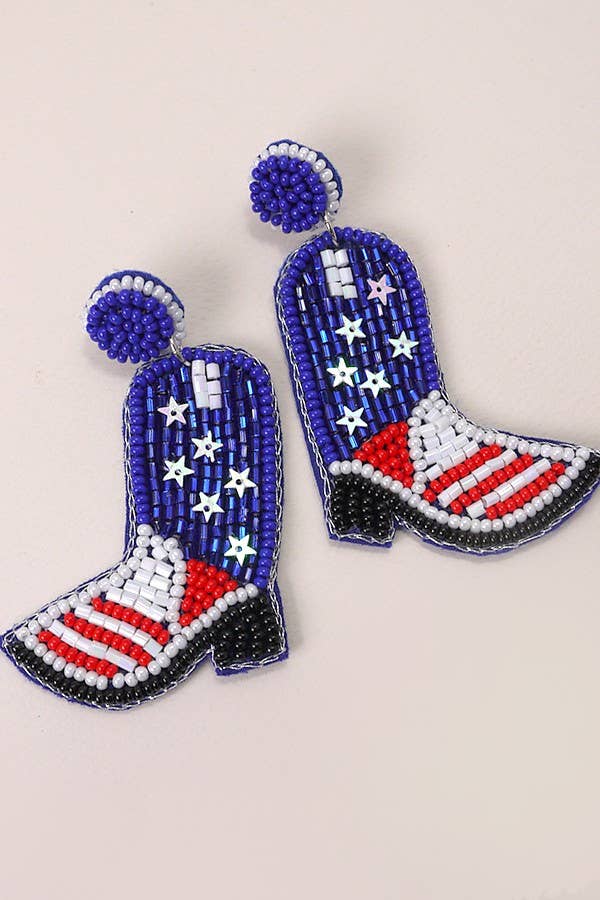 4TH OF JULY SEEDBEAD BOOT FLAG DROP EARRINGS
