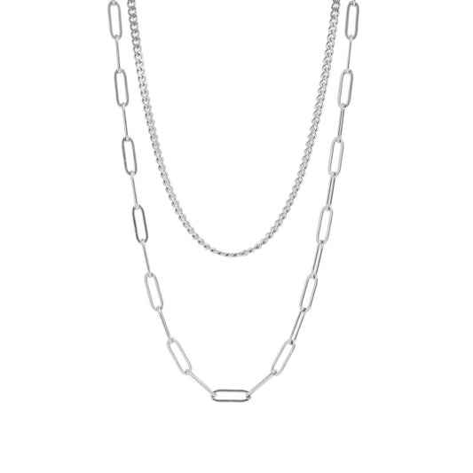 18K Gold Stainless Steel Curb and Paperclip Layered Chain Necklace