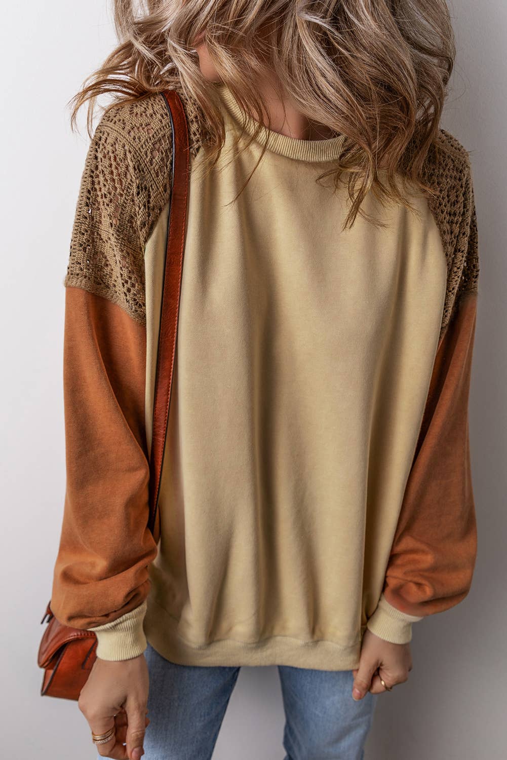 Khaki Lace Patchwork Colorblock Sweatshirt
