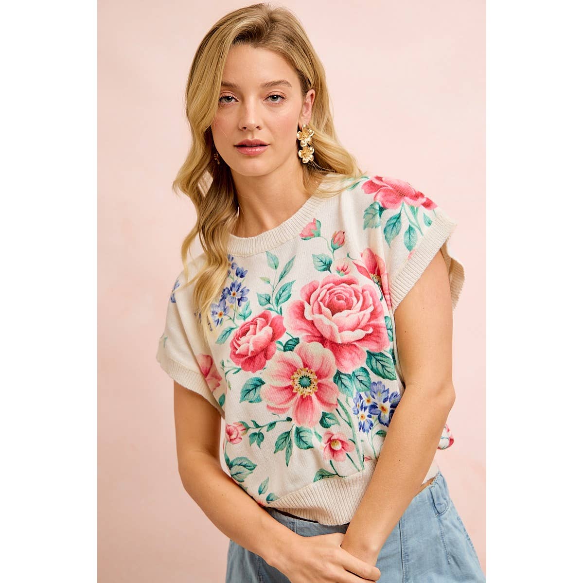 Floral artwork printed short sleeve sweater