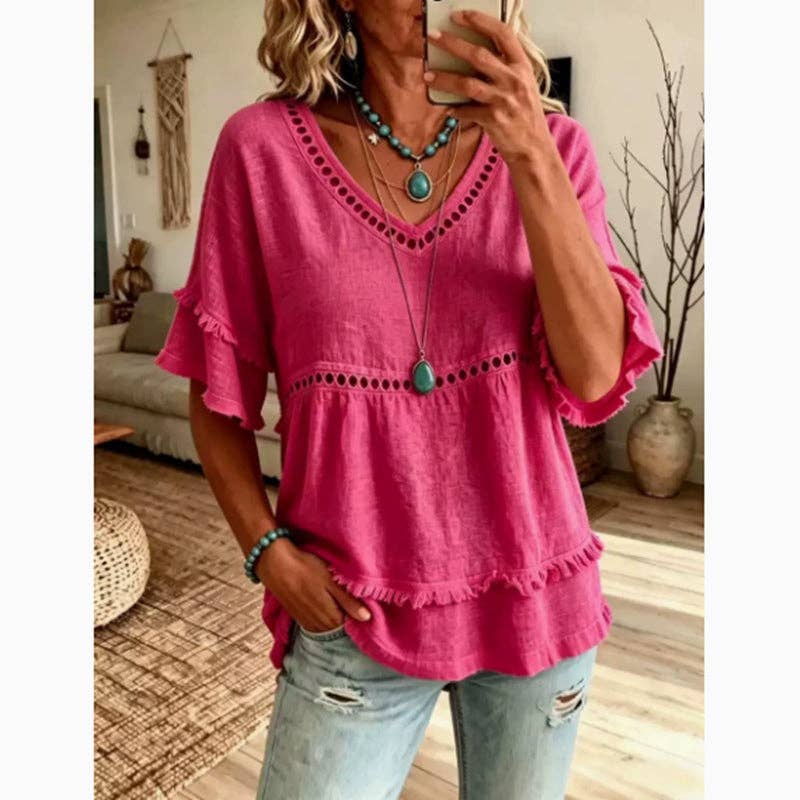 Boho Eyelet Trim Linen Ruffle Top