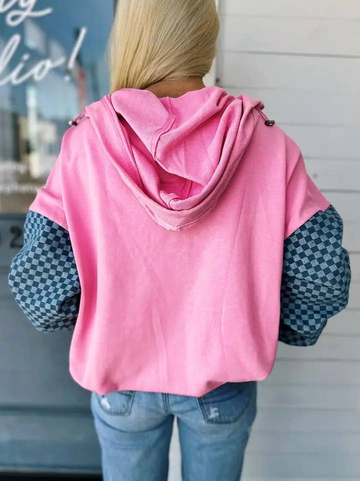 Checkered Patchwork Half Zip Hoodie