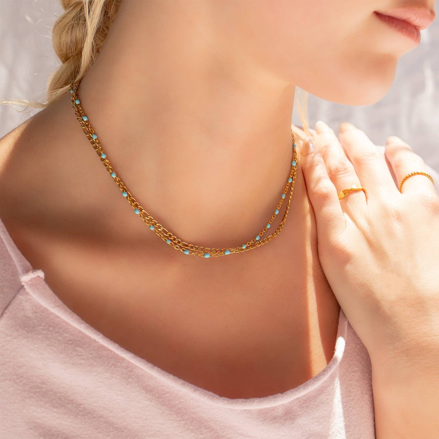 18K Gold Stainless Steel Turquoise Chain Necklace