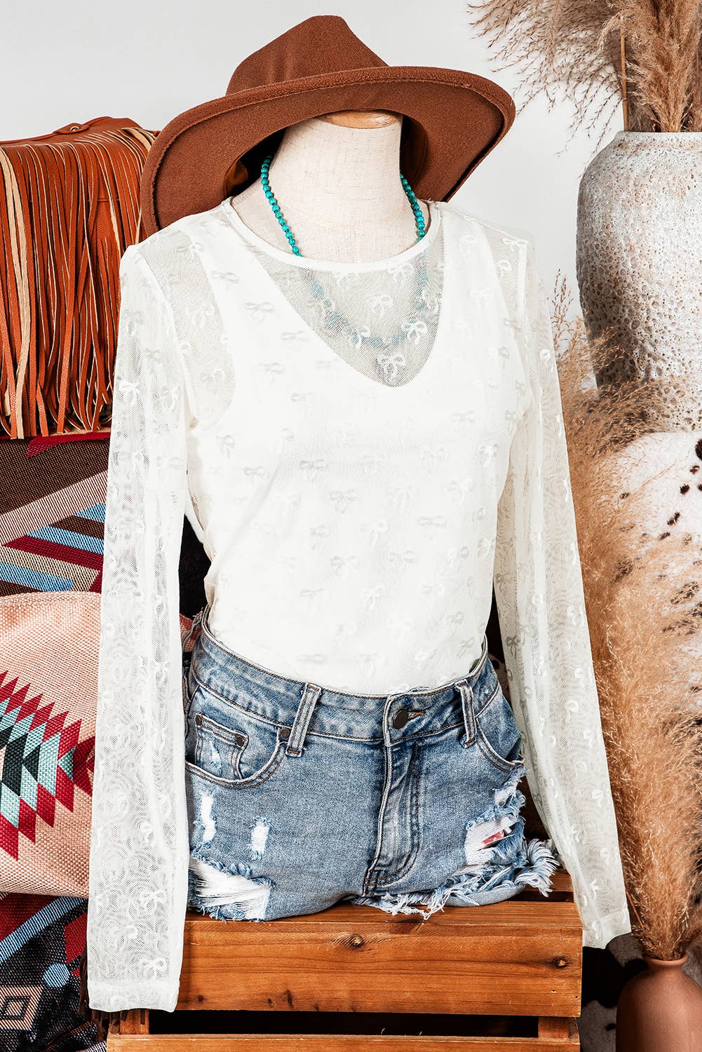 Mesh Bow Pattern Long Sleeve Top