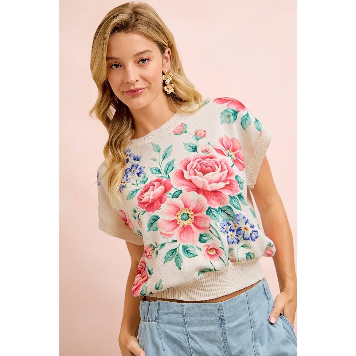 Floral artwork printed short sleeve sweater