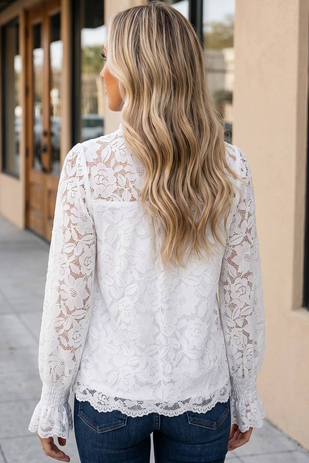 Ruffled Sleeve Sheer Lace Blouse