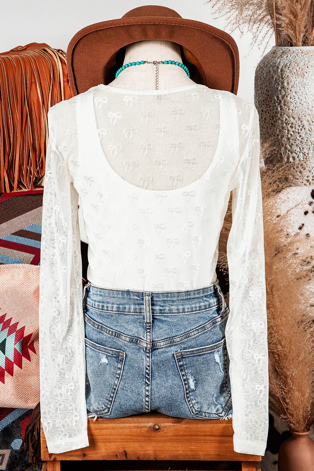 Mesh Bow Pattern Long Sleeve Top