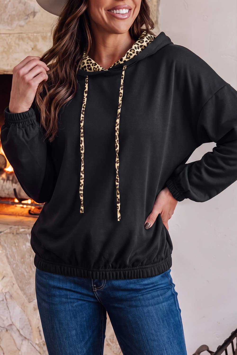 Leopard Contrast Drawstring Hoodie