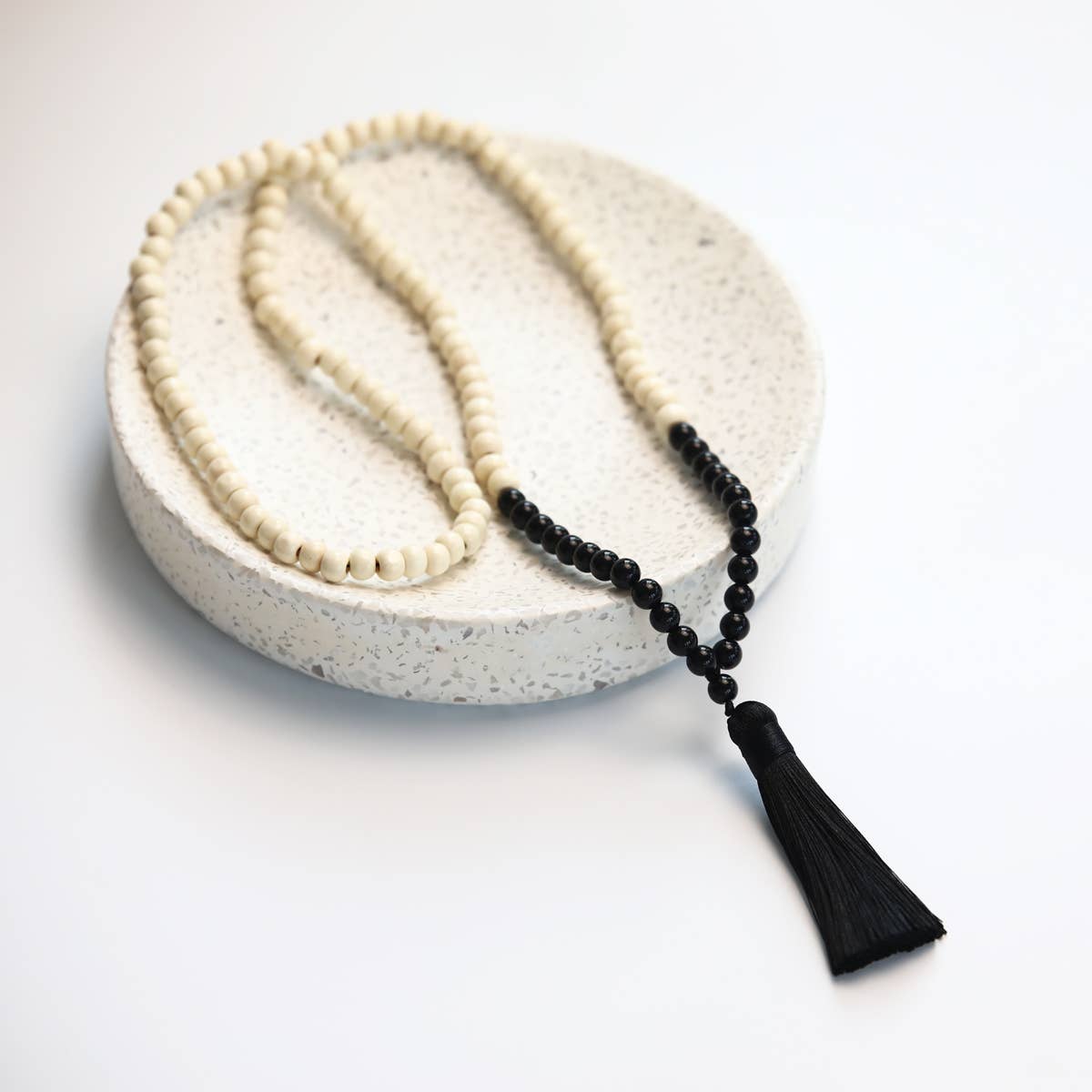 Boho Vibe Wood Bead & Tassel Necklace Black & Cream