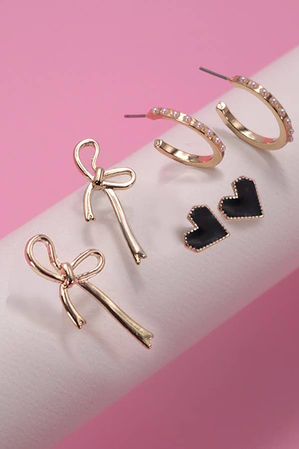Trio black heart bow hoop set