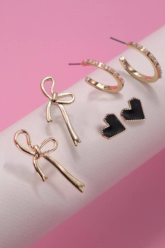 Trio black heart bow hoop set