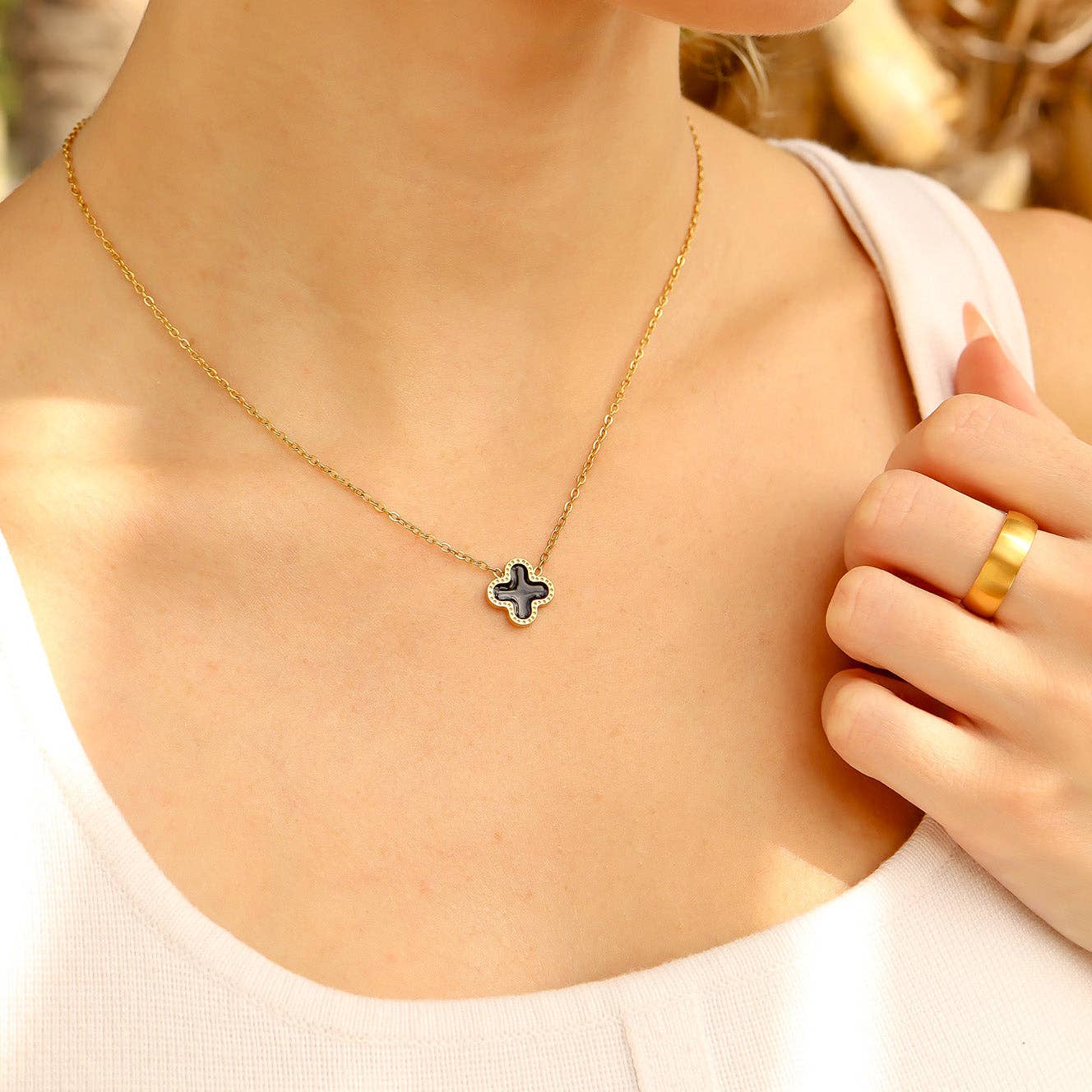 18K Gold PVD Stainless Steel Lucky Clover Charm Necklace