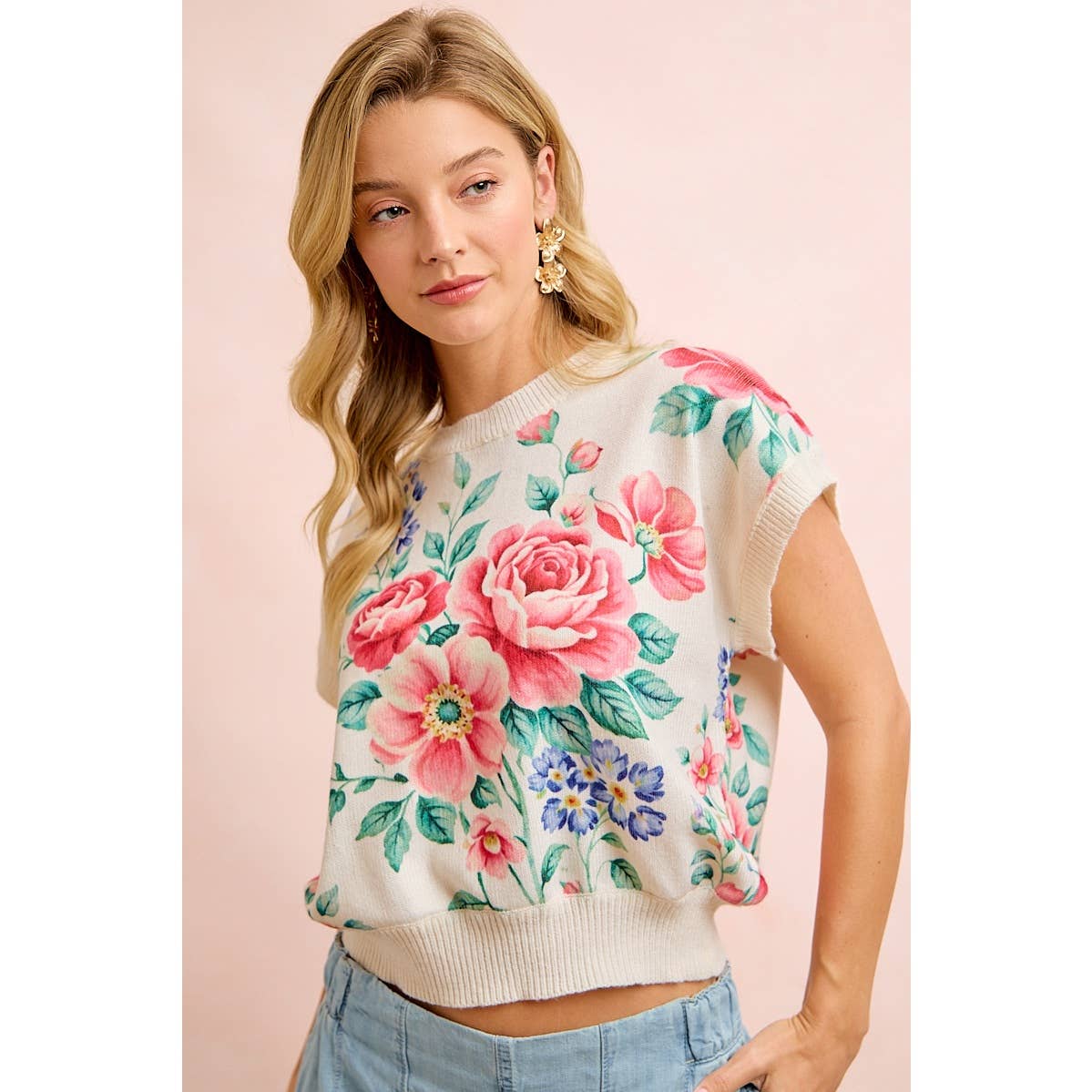 Floral artwork printed short sleeve sweater