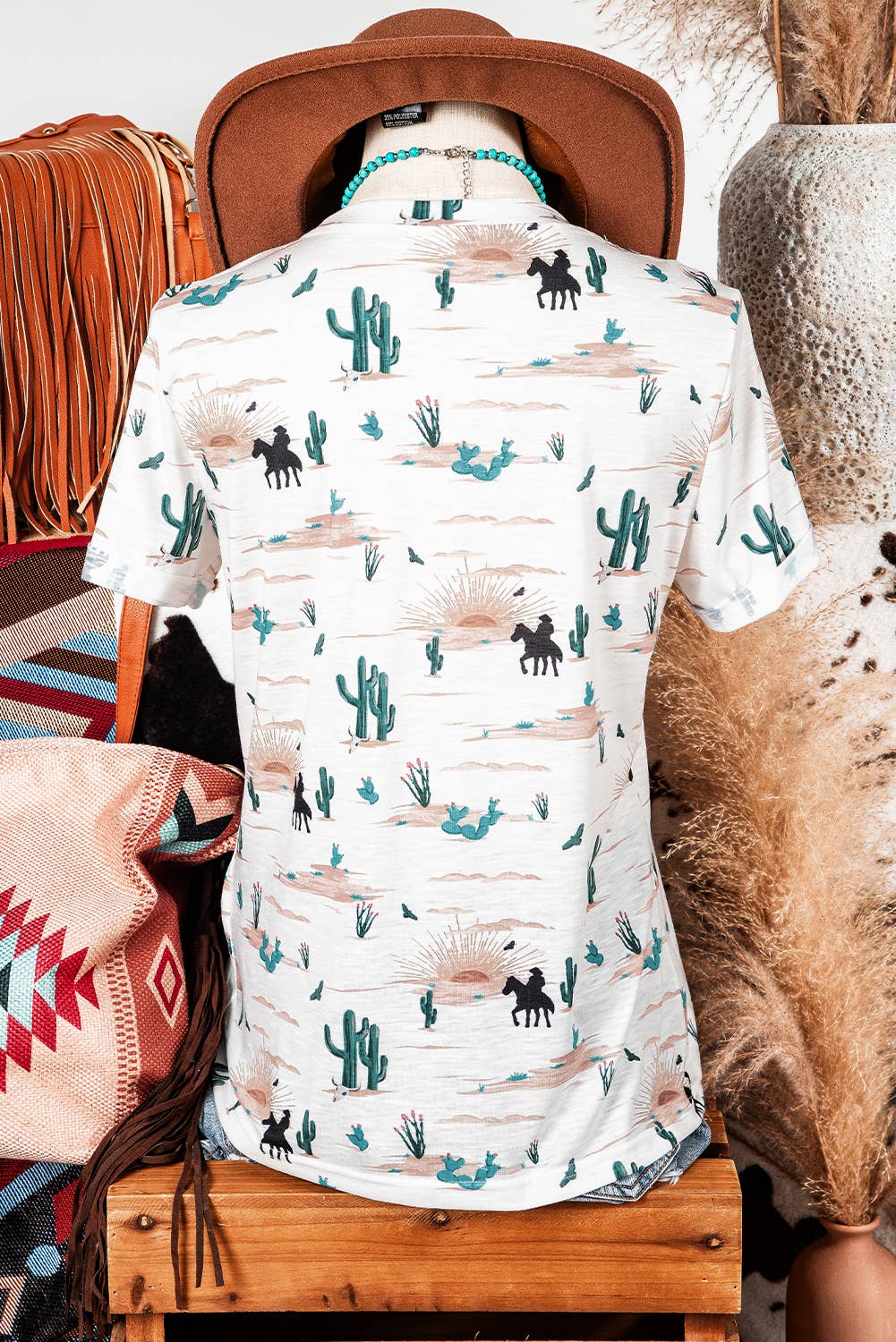 Western Cactus Print Short Sleeve Top
